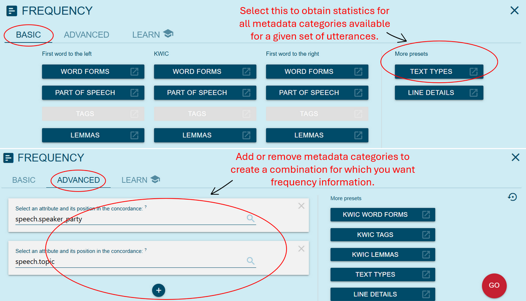 Figure 22. The Frequency analysis section with the tab Basic above
                           allowing easy access through presets, and the tab Advanced below allowing
                           user-defined combination of metadata categories.