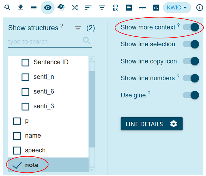 Figure 26. Displaying notes in context by selecting note under View
                           options. Check that you have Show more context and KWIC (at the top of the page) selected to
                           get the best view.