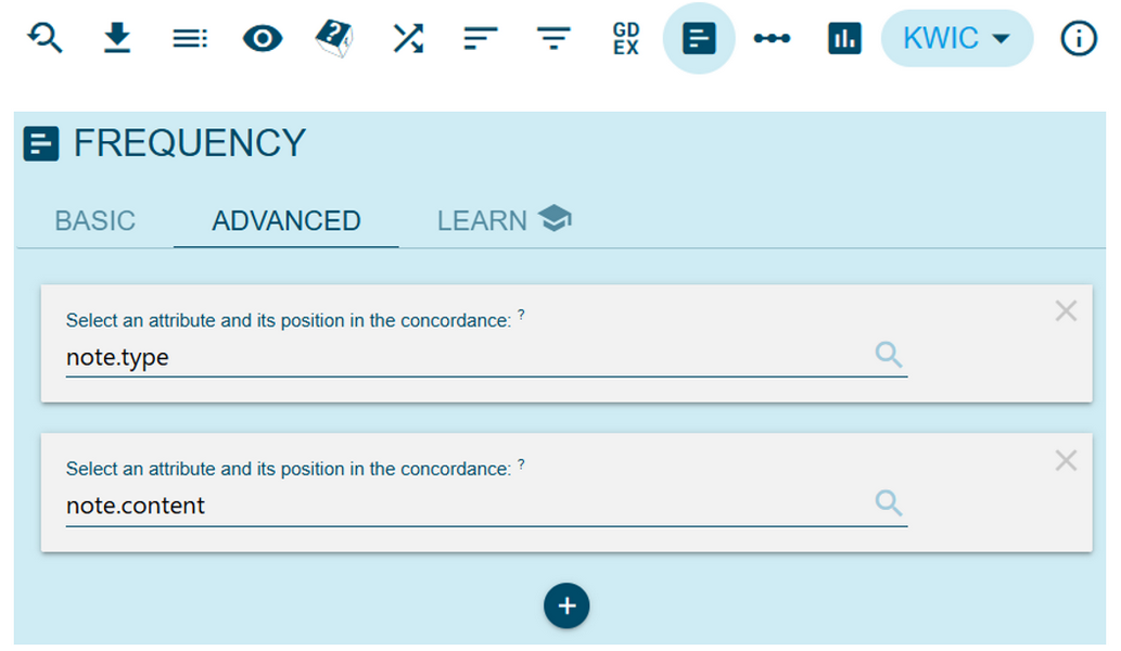 Figure 27. Listing all combinations of note type and content by
                           conducting Frequency analysis and selecting the two metadata categories
                           on the Advanced tab.