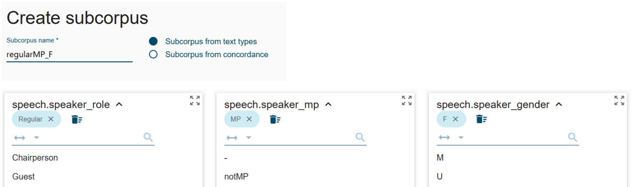 Figure 36. Name the subcorpus and select the appropriate metadata
                           values.