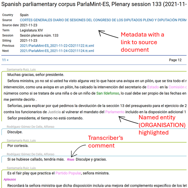 Figure 4. An excerpt from the TEITOK visualisation of a plenary
                              debate from ParlaMint-ES. (source)