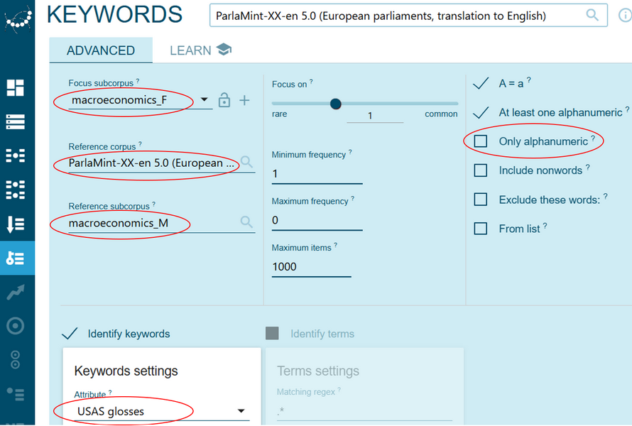 Figure 48. Set the parameters for keyword list computation.