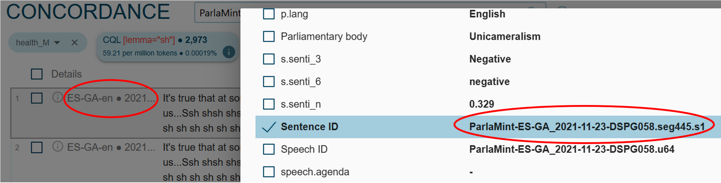 Figure 59. Get the Sentence ID by expanding the metadata section on
                              the left side of the sentence itself.