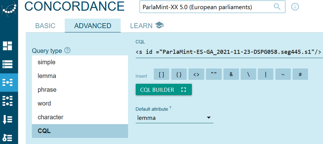 Figure 60. Setting the parameters to display a given sentence in
                              the original language.
