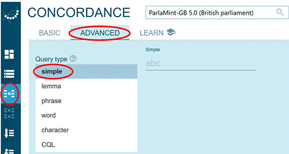 Figure 63. Starting a simple concordance query.