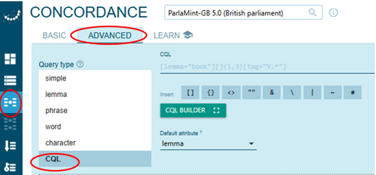 Figure 65. Starting a CQL concordance query.