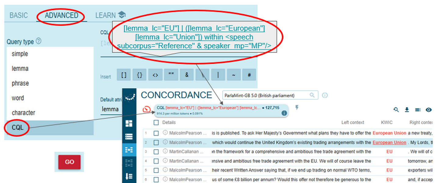 Figure 66. Running a complex concordance query.