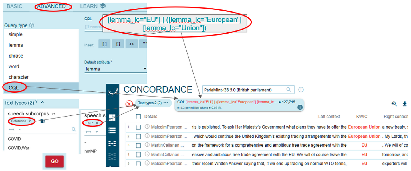 Figure 67. Combining the CQL format with metadata selections in search
                           queries.