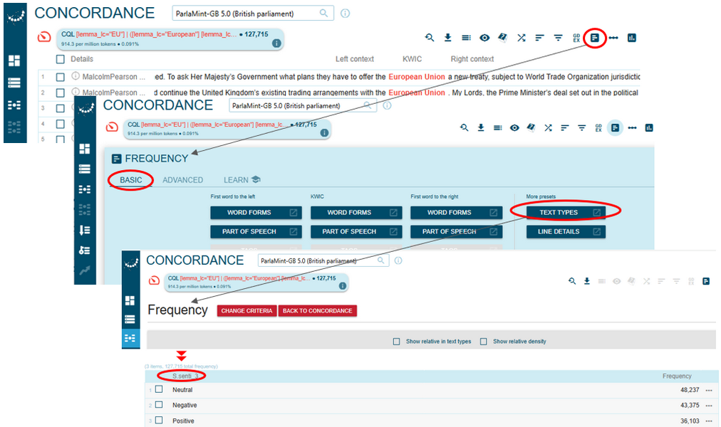 Figure 69. An easy path to frequency results for the sentiment
                           annotation of the retrieved concordance lines via the Basic tab.