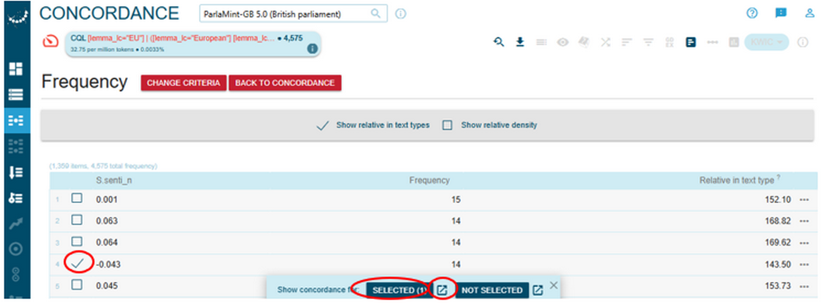 Figure 78. An alternative way of opening concordance lines.