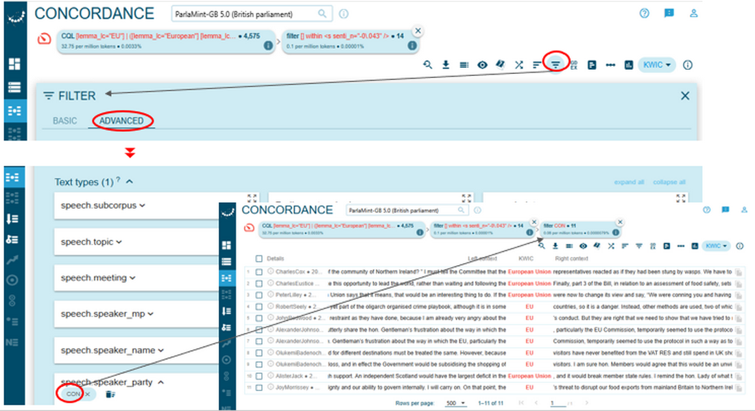 Figure 80. Filtering the selected concordance lines by party name via
                           the Filter page.