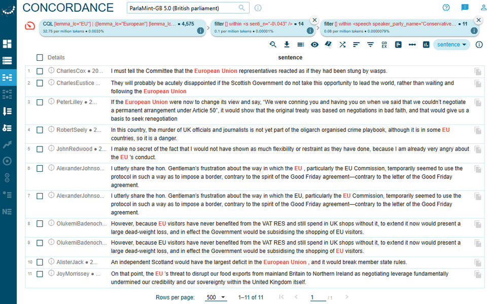 Figure 82. Concordance lines with the -0.043 sentiment value
                              uttered by Conservative Party members.