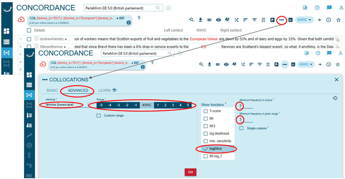 Figure 83. Adjusting parameters for collocation analysis.