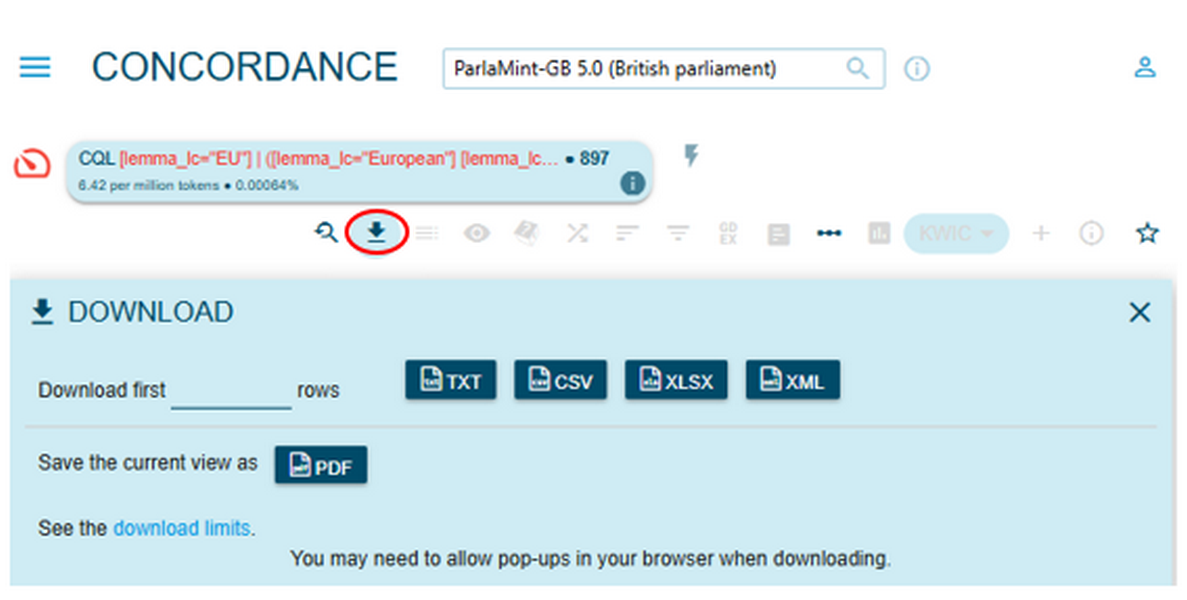 Figure 84. Options for downloading the retrieved collocate
                           list.