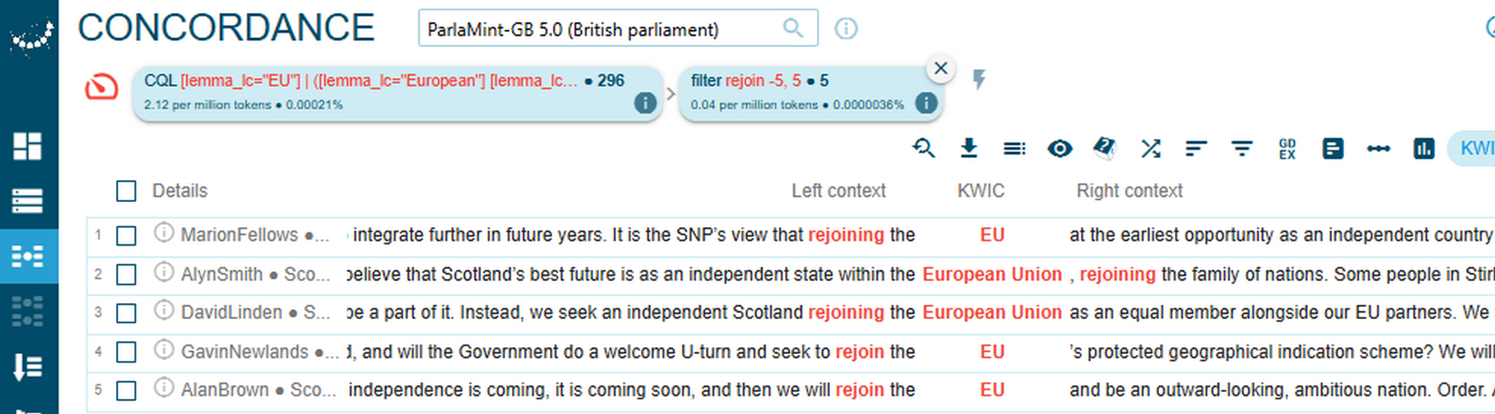 Figure 87. Concordance lines containing co-occurrences of rejoin
                              and the EU/European Union in positively annotated sentences uttered by
                              SNP members. 