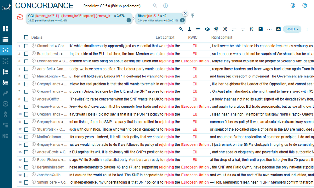 Figure 88. Concordance lines containing co-occurrences of rejoin
                              and the EU/European Union in negatively annotated sentences uttered by
                              Conservative Party members.