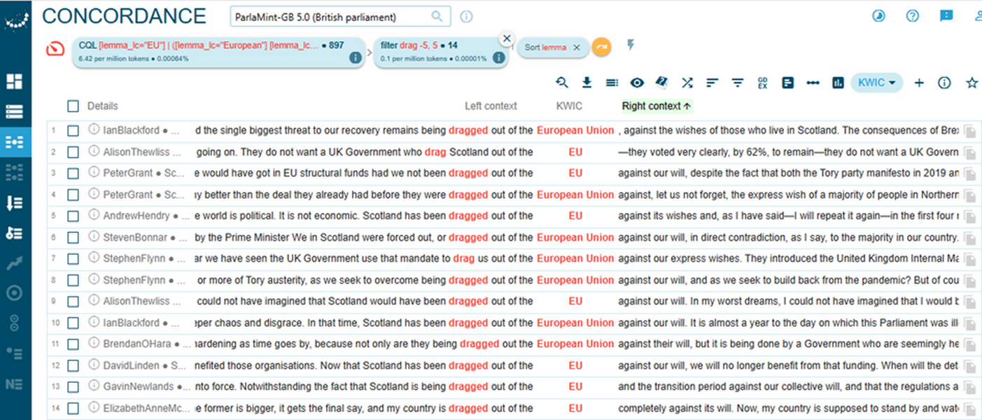 Figure 89. Concordance lines containing the lemma drag co-occurring
                              with the EU/European Union in negatively annotated sentences uttered
                              by SNP members in the post-Brexit period.