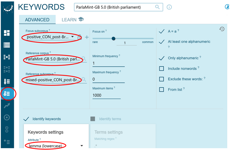 Figure 93. Identifying keywords in the focus
                              subcorpus as compared with the reference
                              subcorpus of the reference corpus.