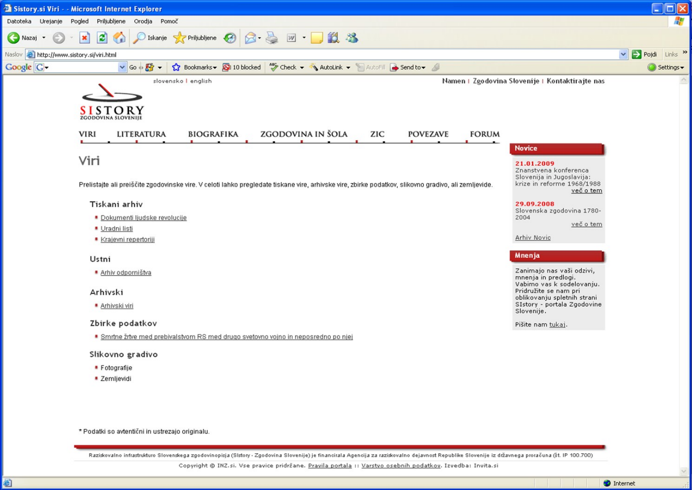 Slika 2: Portal Zgodovina Slovenije – SIstory, oktober 2008 